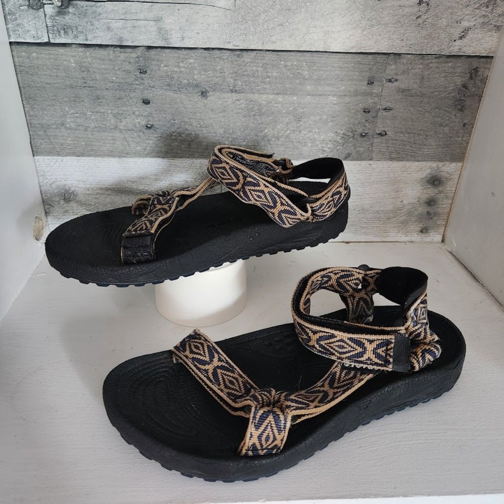 Teva Hurricane 6407 Mens 7 Womens 8.5 Sport Sandals Geometric Straps Black Tan